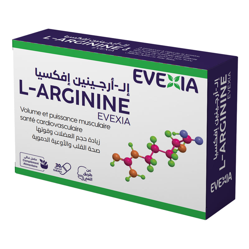 L-Arginine Evexia – Tonus, Vitalité & Circulation, L-Arginine 500 mg, Acide Aminé, Vaisseaux Sanguins, Muscles, Récupération, Adultes
