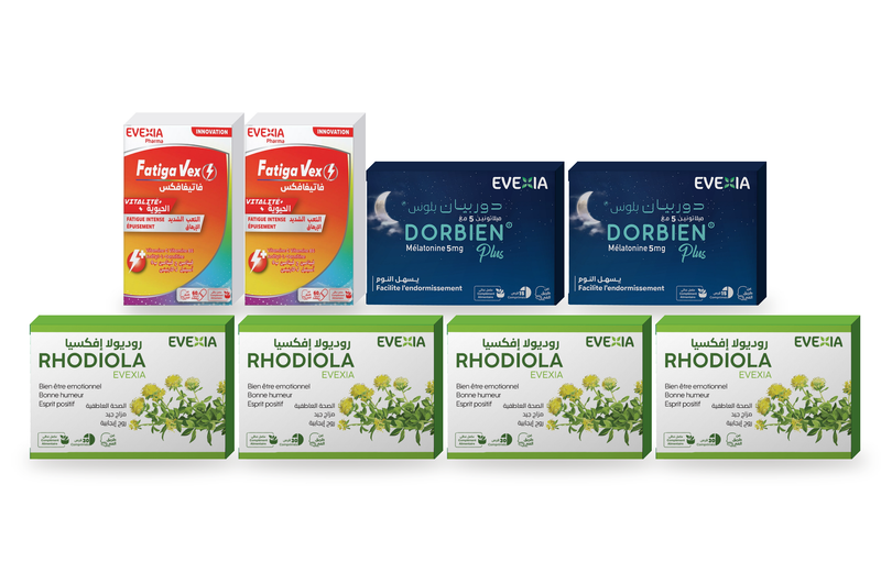 Routine Jour & Nuit – 8 boîtes : 2 Fatigavex + 2 Dorbien Plus Mélatonine 5 mg + 4 Rhodiola & Safran