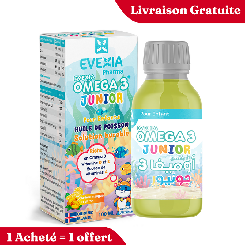 Omega 3 Junior – DHA Cerveau & Concentration Enfants, EPA 700 mg & DHA 1300 mg, Vitamines A, D & E, Fonctions Cognitives, Mémoire, Immunité, Vision, Arôme Mangue Citron, Flacon 100 ml