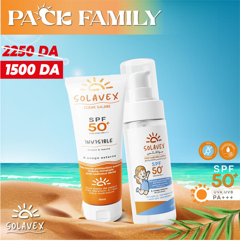 Pack Solavex Family – Protection Solaire SPF50 – 2×50ml, Protection UVA & UVB, Hydratant, Sans Effet Blanc, Résistant à l'Eau, Peaux Sensibles, Adultes, Enfants & Bébé