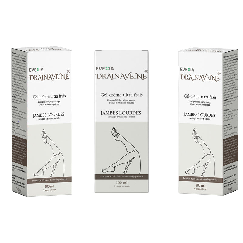 Pack 3 Boîtes Drainaveine – Jambes Lourdes & Circulation – 3 Tubes, Ginkgo Biloba, Vigne Rouge & Fucus, Retour Veineux, Jambes Légères, Effet Rafraîchissant, Tonifiant, Adultes