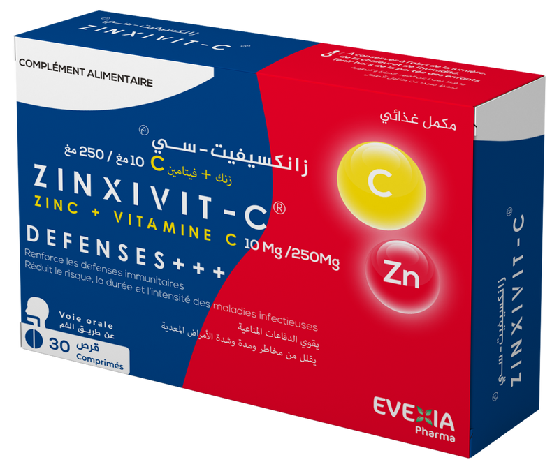 Zinxivit C 10/250 ملغ – زنك وفيتامين سي – المناعة، الزنك وفيتامين سي، الدفاعات الطبيعية، مضاد للأكسدة، التئام الجروح، مضاد للإرهاق، للبالغين، 30 قرصًا