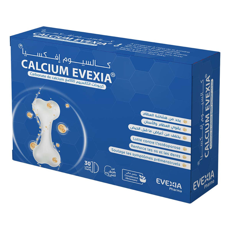 Calcium Evexia – Os & Dents Solides – 30 comprimés, Carbonate de Calcium, Densité Osseuse, Contraction Musculaire, Système Nerveux, Seniors