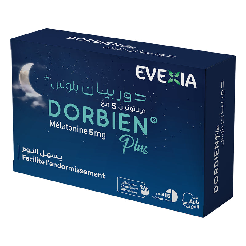 Dorbien Plus Mélatonine 5 mg – Endormissement Rapide, Sommeil de Qualité, Rythme Circadien, Réduit le Temps d'Endormissement, Détente, Réveils Nocturnes, Adultes, 15 Comprimés