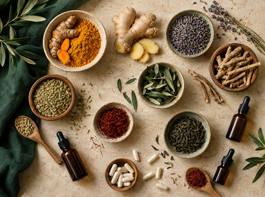 Actifs naturels : curcuma, gingembre, ashwagandha, safran, lavande