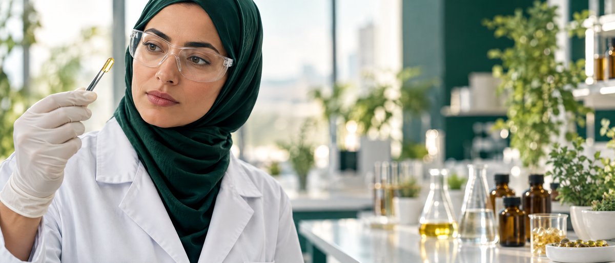 Chercheuse du laboratoire EVEXIA Pharma contrôlant une gélule
