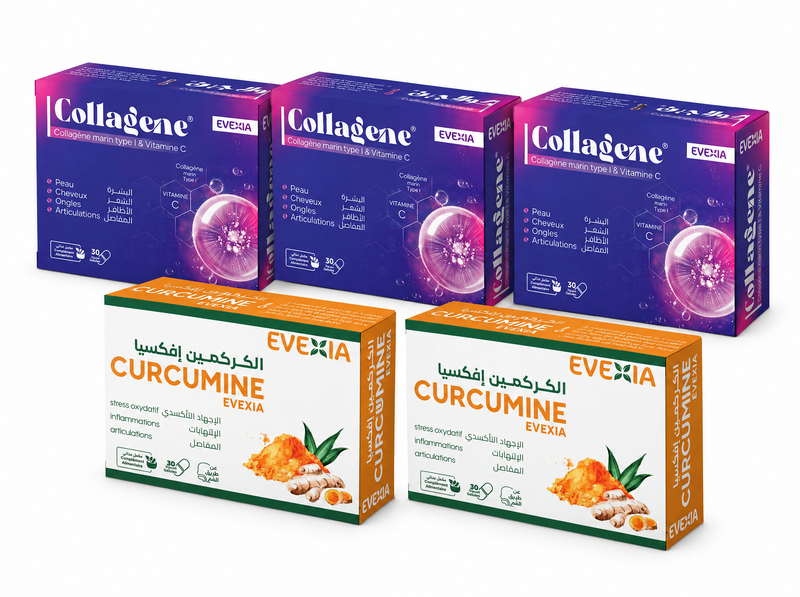 Routine Éclat & Souplesse – 5 boîtes : 3 Collagène + 2 Curcumine