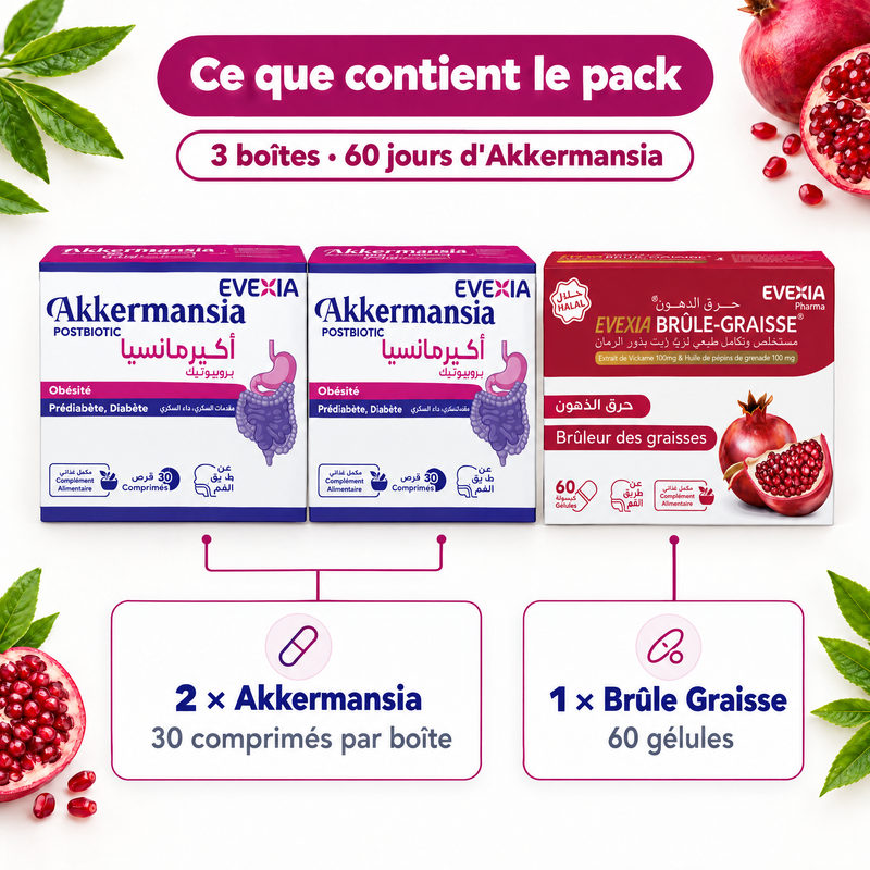 Cure 2 mois Akkermansia + Brûle Graisse – contenu du pack (FR)