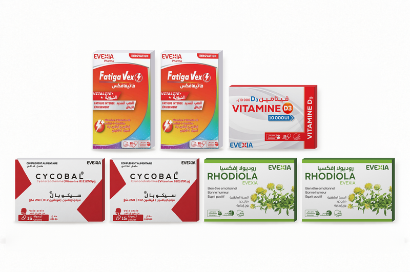 Coffret Fatigavex & Vitamines – 7 boîtes : 2 Fatigavex + 2 Cycobal Vitamine B12 + 1 Vitamine D3 + 2 Rhodiola & Safran