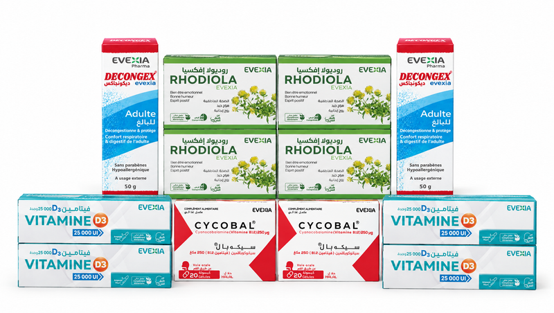Coffret Saison Froide – 12 boîtes : 2 Decongex Adulte + 4 Vitamine D3 25 000 UI + 2 Cycobal + 4 Rhodiola & Safran