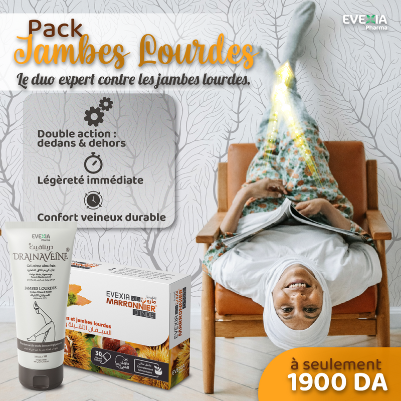 Pack Jambes Lourdes – Circulation & Légèreté – Duo, Extrait de Marronnier d'Inde, Aescine, Retour Veineux, Tonus des Veines, Fraîcheur Immédiate, Confort, Femme, Gélules + Gel