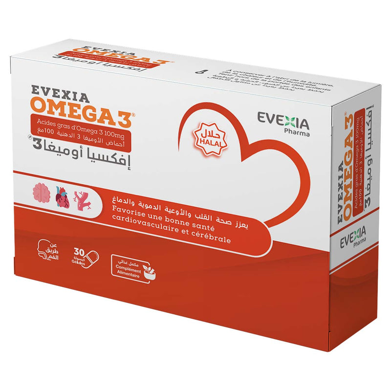 Omega 3 Evexia – Acides Gras Essentiels Cœur & Cerveau, Oméga 3, Système Cardiovasculaire, Circulation, Fonctions Cognitives, Anti-Inflammatoire, Adultes, 30 Gélules