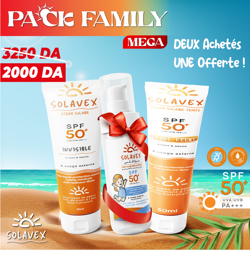 Pack Solavex Family Mega – Protection SPF50 – 3×50ml, Protection UVA & UVB, Haute Tolérance, Hydratant, Sans Effet Blanc, Résistant à l'Eau, Peaux Sensibles, Adultes, Enfants & Bébé
