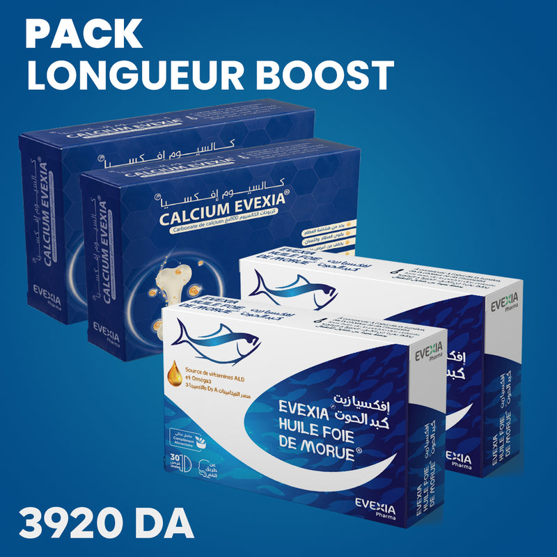 Pack Longueur Boost – Os & Dents, Vitamines A & D – 4 Boîtes, Huile de Foie de Morue & Calcium, Oméga 3, Croissance Osseuse, Immunité, Fonctions Cognitives, Enfants & Adultes