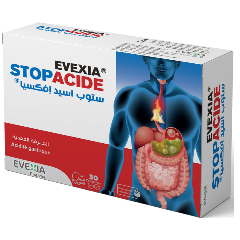 Stop Acide Evexia – Confort Gastrique & Digestion, Bicarbonate de Sodium & Triphala, Brûlures d'Estomac, Anti-Acidité, Transit, Hyperacidité, Adultes, Boîte 30 Comprimés