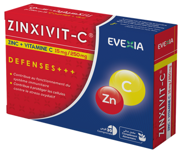 Zinxivit C 15/250 mg – Zinc & Vitamine C Immunité – Boîte 30, Zinc & Vitamine C, Défenses Naturelles, Anti-Oxydant, Cicatrisation, Anti-Fatigue, Adultes